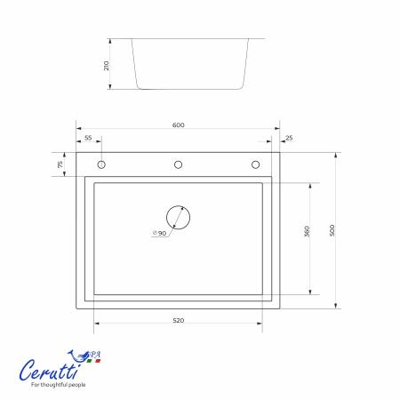 Кухонная мойка CeruttiSPA ГЛОРИЯ (GLORIA) 60B nano black (графит) из нержавеющей стали (600х500х220)