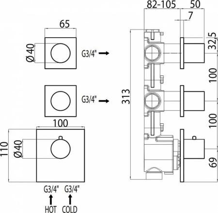 Термостат для ванны с душем Bossini OKI 2 Outlets LP Z031203.030, хром
