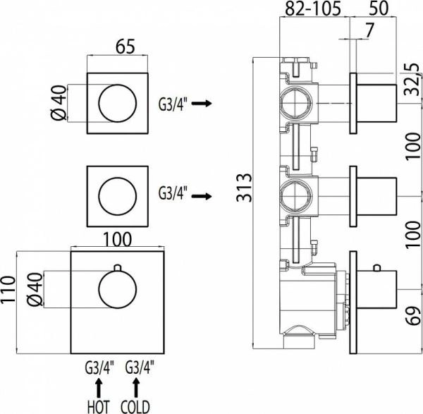 Термостат для ванны с душем Bossini OKI 2 Outlets LP Z031203.030, хром