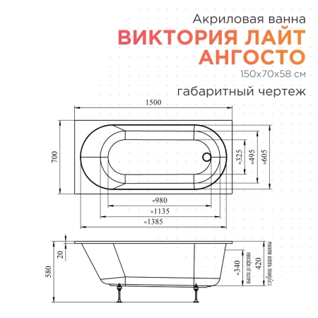 Акриловая ванна Radomir Виктория лайт 150х70 Ангосто 1-01-0-0-8-257 установочный комплект