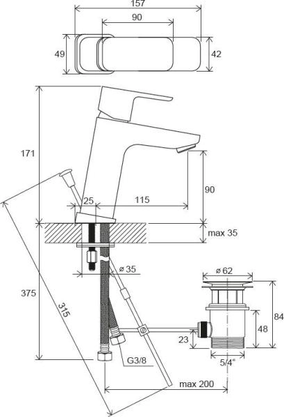 Смеситель для умывальника Ravak 10° Free TD F 013.00 с донным клапаном 170 мм X070128
