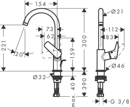 Смеситель Hansgrohe Logis 71130000 для раковины 210 поворотный излив 120 с донным клапаном
