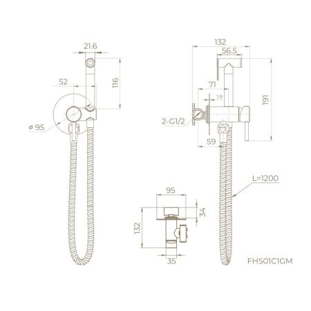 Гигиенический душ KNOTLOR DEW FHS01C1GM, со смесителем встраиваемый вороненая сталь