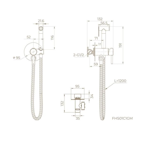 Гигиенический душ KNOTLOR DEW FHS01C1GM, со смесителем встраиваемый вороненая сталь