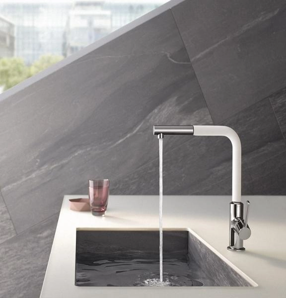 Смеситель Kludi L-Ine 408519375 для кухни, с выдвижным изливом, цвет хром-белый матовый