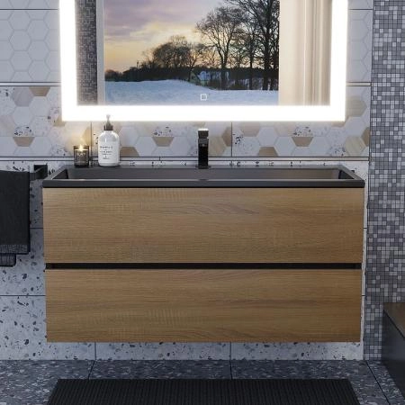 Тумба с раковиной Uperwood Barsa 100 см, раковина черная глянцевая, подвесная тумба черная/дуб сонома