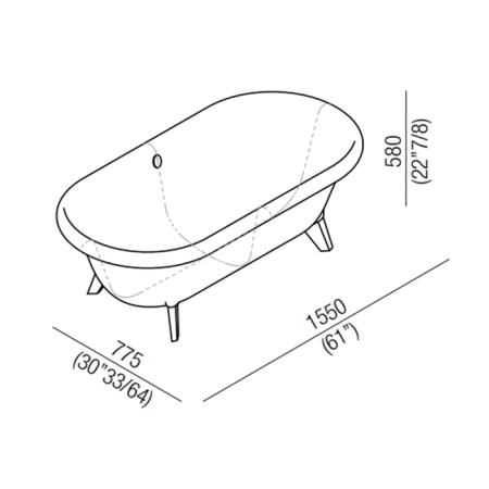 Agape Ottocento Small Ванна отдельностоящая 155x77.5x58 см, слив-перелив нержавеющая сталь, цвет: светло-серый