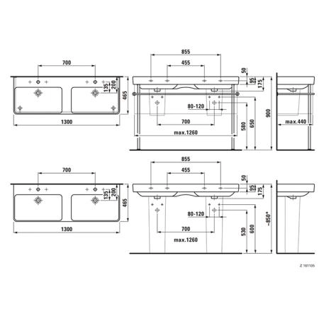 Laufen Pro S Раковина двойная 130x46.5см., подвесная, с 1 отв., на каждую раковину, цвет: белый глянцевый