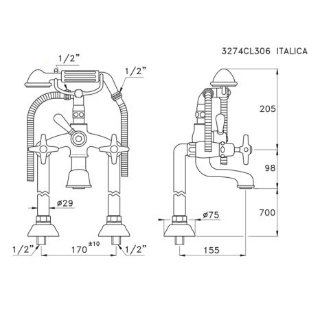 Stella Italica Напольный смеситель для ванны 3274CL306 с ручным душем, цвет: хром