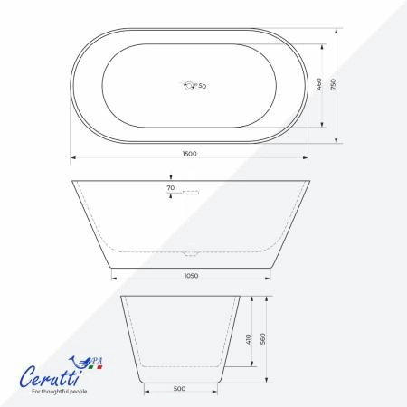 Акриловая ванна отдельностоящая Ceruttispa РЕЗИЯ (RESIA) 150 белая, со сливом-переливом (1500x750x580)