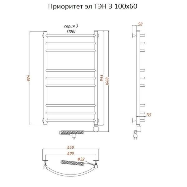 Полотенцесушитель Тругор Приоритет эл ТЭН 3 100x60 (ЛЦ2)