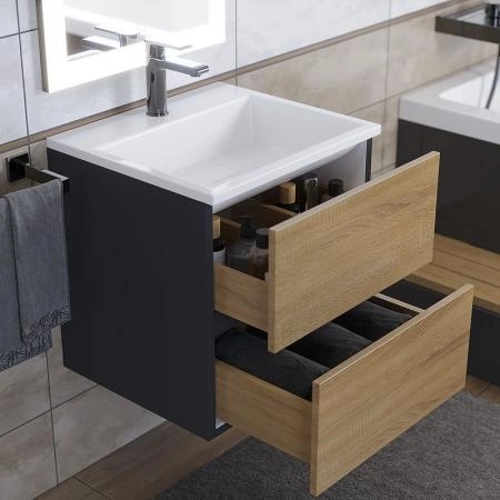 Тумба с раковиной Uperwood Barsa 50 см, раковина белая, подвесная тумба черная/дуб сонома