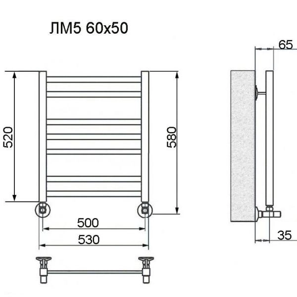 Полотенцесушитель водяной Ника Modern ЛМ 5 60/50 черный матовый RAL9005 Люкс