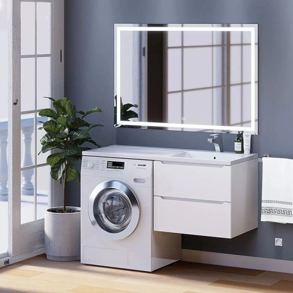 Тумба под стиральную машину Uperwood Tanos 60 см подвесная с раковиной Cosmos 120 см правая, белая