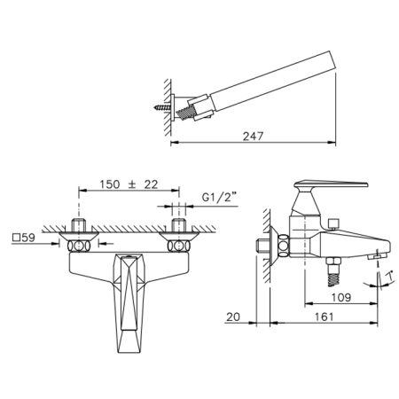 Nicolazzi Vincent Смеситель для ванны на 2 отверстия, настенный, с душевой лейкой, цвет: хром