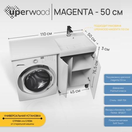Тумба под стиральную машину Uperwood Magenta, 50 см, напольная, белая/графит, с дверцами
