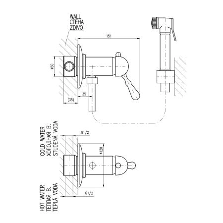 Гигиенический смеситель Rav Slezak LABE L547/1Z, цвет Золото встраиваемый