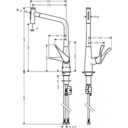 Hansgrohe 73820800 Metris Select Смеситель для кухни 320 мм, 2 режима, выдвижной излив, сталь