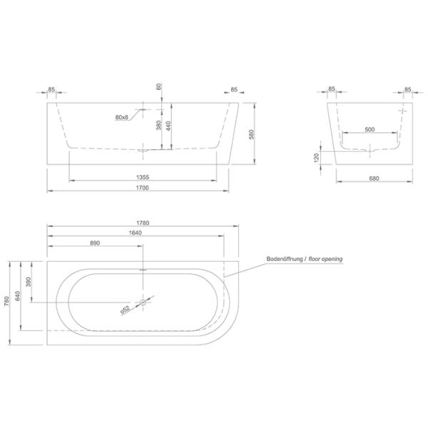 KNIEF Wall Corner R Ванна в левый угол 180х80х60см, с щел. переливом, с компл. крепл.к стене, без сл-перелива, цвет бел(пр-ть со сливом 0100-091-06)