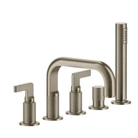 Gessi Inciso Смеситель для ванны на 5 отверстий с изливом, переключателем, ручным душем и шлангом 1,50 м, цвет: finox