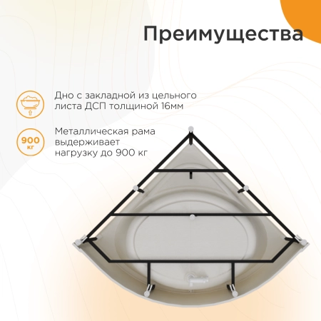 Ванна акриловая "ДАНТЕ 150х150", рама-подставка, фронтальная панель, слив-перелив автомат с сеточкой (хром, с сифоном)