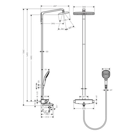 Hansgrohe Raindance Select Showerpipe 360 Душевой гарнитур, в набор входят: термостат с запорным и переключающим вентилем, переключатель для ручного душа, верхний душ Raindance E AIR 1jet 360x190 мм, ручной душ Raindance Select 150 3jet, душевой шланг