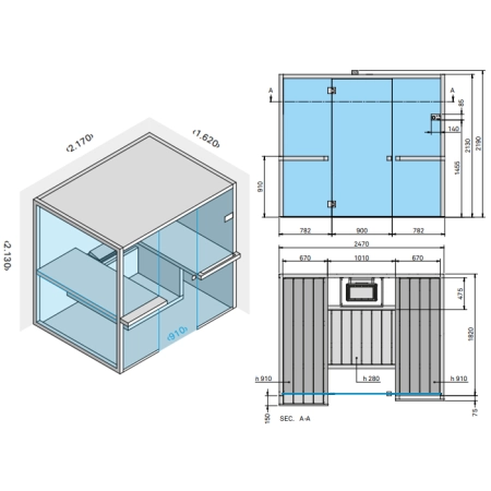 Effegibi Air 80 Corner Био-Сауна 247x162x213см, угловая DX, цвет: осина термообработанная