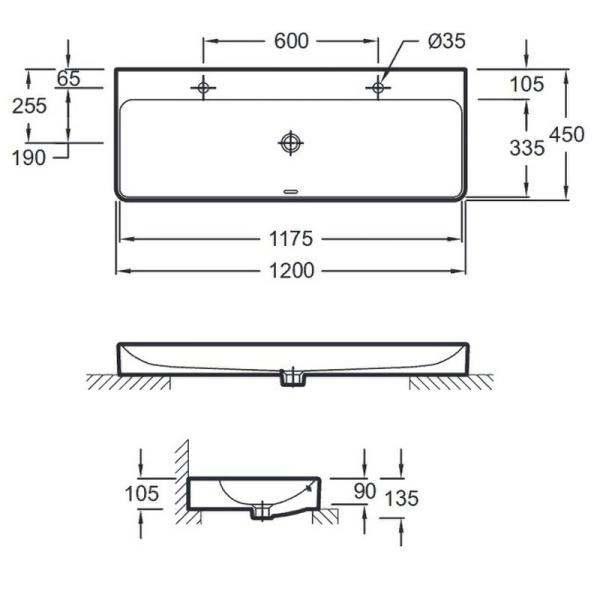 Раковина Jacob Delafon VOX EVA122-00 120 см подвесная