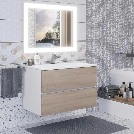 Тумба с раковиной для ванной для ванной Uperwood Barsa 80 см, раковина белая, подвесная тумба белая/дуб сонома