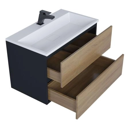 Тумба с раковиной для ванной для ванной Uperwood Barsa 70 см, раковина белая, подвесная тумба черная/дуб сонома