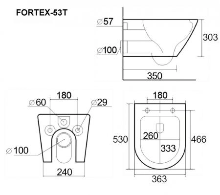 Унитаз ESBANO FORTEX-53T торнадо безободковый подвесной белый 530x360x360