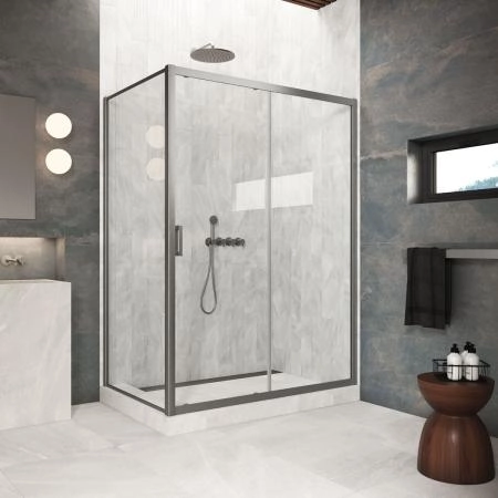 Душевой уголок Vegas-glass ZP+ZPV Protec 145*85 11 01  профиль оружейная сталь  стекло прозрачное