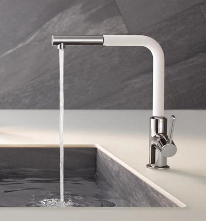 Смеситель Kludi L-Ine 408519375 для кухни, с выдвижным изливом, цвет хром-белый матовый