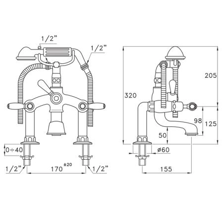 Stella Italica Leve Смеситель на борт ванны на 2 отверстия 3274RG306 с ручным душем, цвет: хром