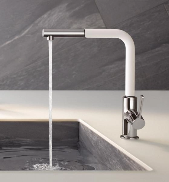 Смеситель Kludi L-Ine 408519375 для кухни, с выдвижным изливом, цвет хром-белый матовый