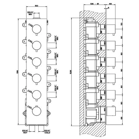 Gessi 316 Встраиваемый термостатический смеситель на 5 источников, резьба 3/4", внешняя часть, цвет: steel brushed