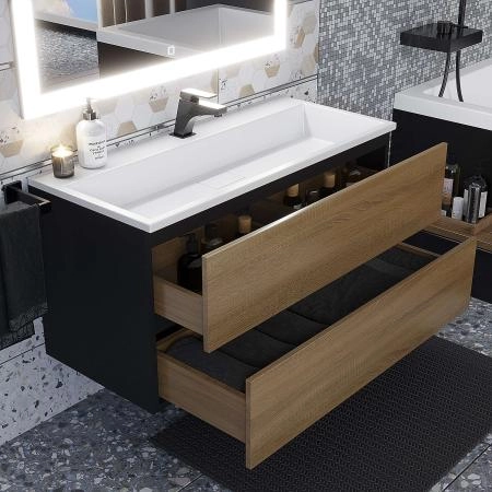 Тумба с раковиной для ванной для ванной Uperwood Barsa 100 см, раковина белая, подвесная тумба черная/дуб сонома