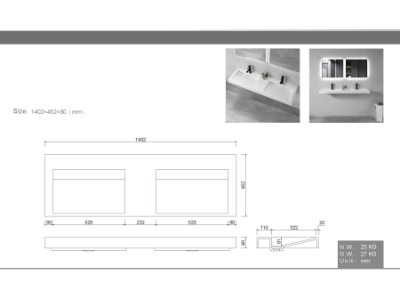 Столешница моноблок Boheme FLAT 140*46см на 2 чаши 859-140-2