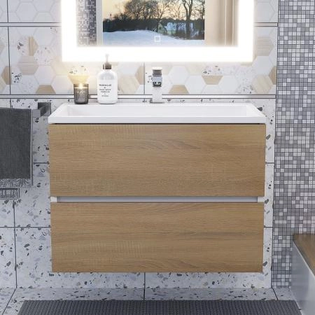 Тумба с раковиной Uperwood Barsa 70 см, раковина белая, подвесная тумба белая/дуб сонома
