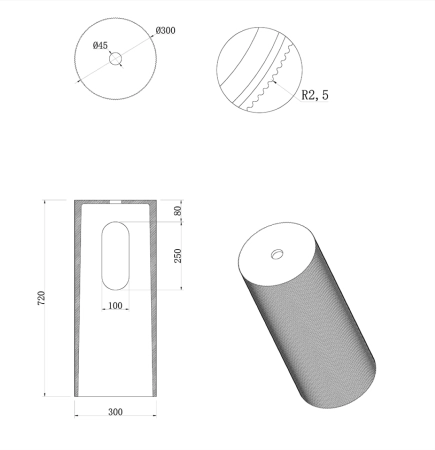 Пьедестал для раковины Boheme рифленый SOLE Corian 300*720 ANTRACIT 801-Base-Rib-A