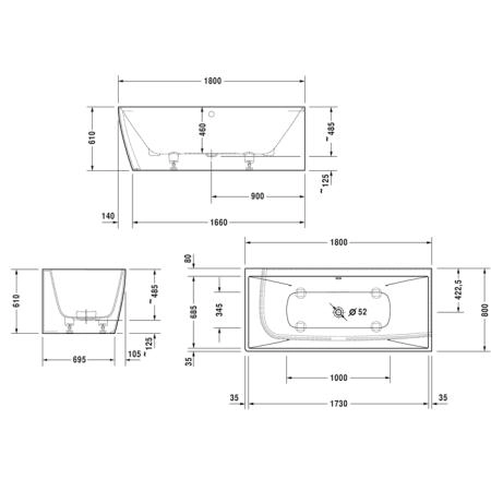 Duravit Vitrium Ванна встраиваемая 180x80см, Dx, с ножками, с2 наклонами для спины, прямоугольная, цвет: аквамарин матовый