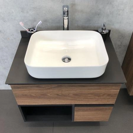 Тумба с раковиной Comforty Штутгарт-75 дуб тёмно-коричневый с черной столешницей