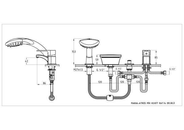 Смеситель на борт ванны GPD ATROS MAK66 на 4 отверстия,хром