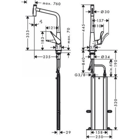 Hansgrohe 73816000 Metris Select M71 Смеситель для кухни 333 мм, 2 реж., выдвижной излив, хром