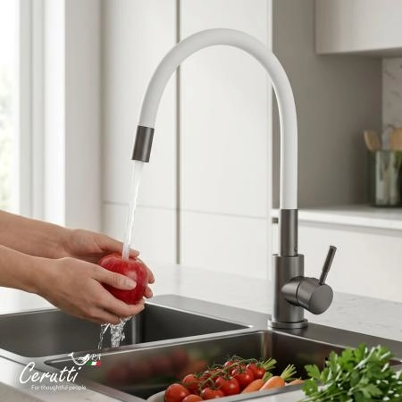 Cмеситель для кухни CeruttiSPA АТЭНА GG-W (ATENA GG-W) из нержавеющей стали, цвет графит, излив белый