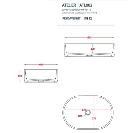 Artceram ATELIER Раковина 60x40х15 см, без отв., накладная, без перелива, цвет: белый матовый