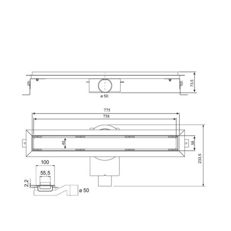 Plumberia Selection Трап душевой PS IN-TILE 6x80 2устор. накладка из нерж.стали, комбинир.затвор с горизонт. Выпуском Ду 50мм,40л/мин, цвет: золото 24К