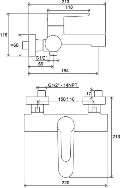 Смеситель для ванны Ravak Puri PU 022.00/150 150 мм X070115