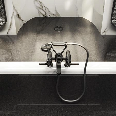 Gessi Venti20 Смеситель для установки на борт ванны на 2 отверстия, двухвентильный, с ручным душем и шлангом 1500 мм., цвет: черный матовый