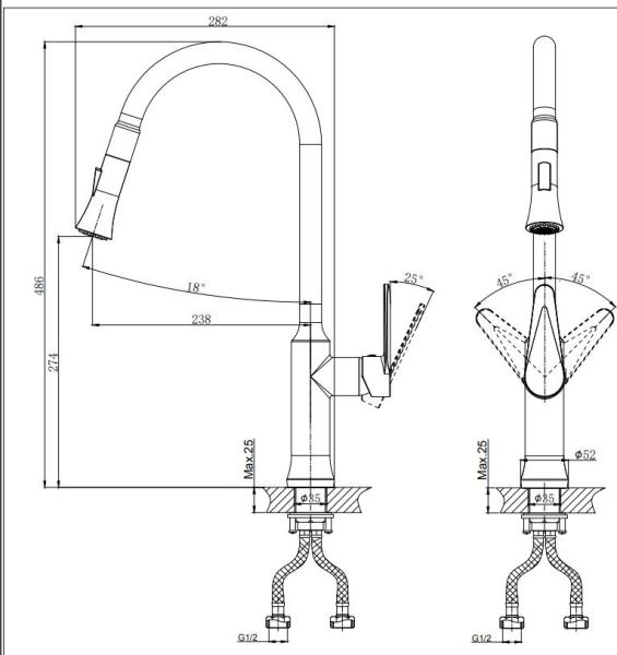 Смеситель для кухни RUSH Denis с поворотным изливом и вытяжной лейкой (DN0335-23)
